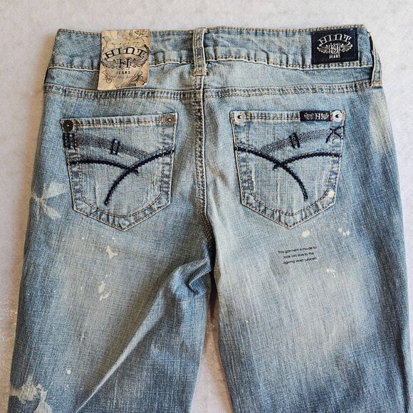 Hint Jeans Women Sz 1 Blue Boot Cut Bleach Splatter Look Y2K Festival Hippie New - Picture 10 of 16
